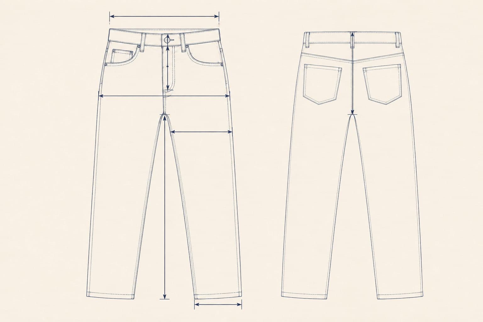 Technical flat sketch of a pair of trousers with seven measurement arrows drawn across it