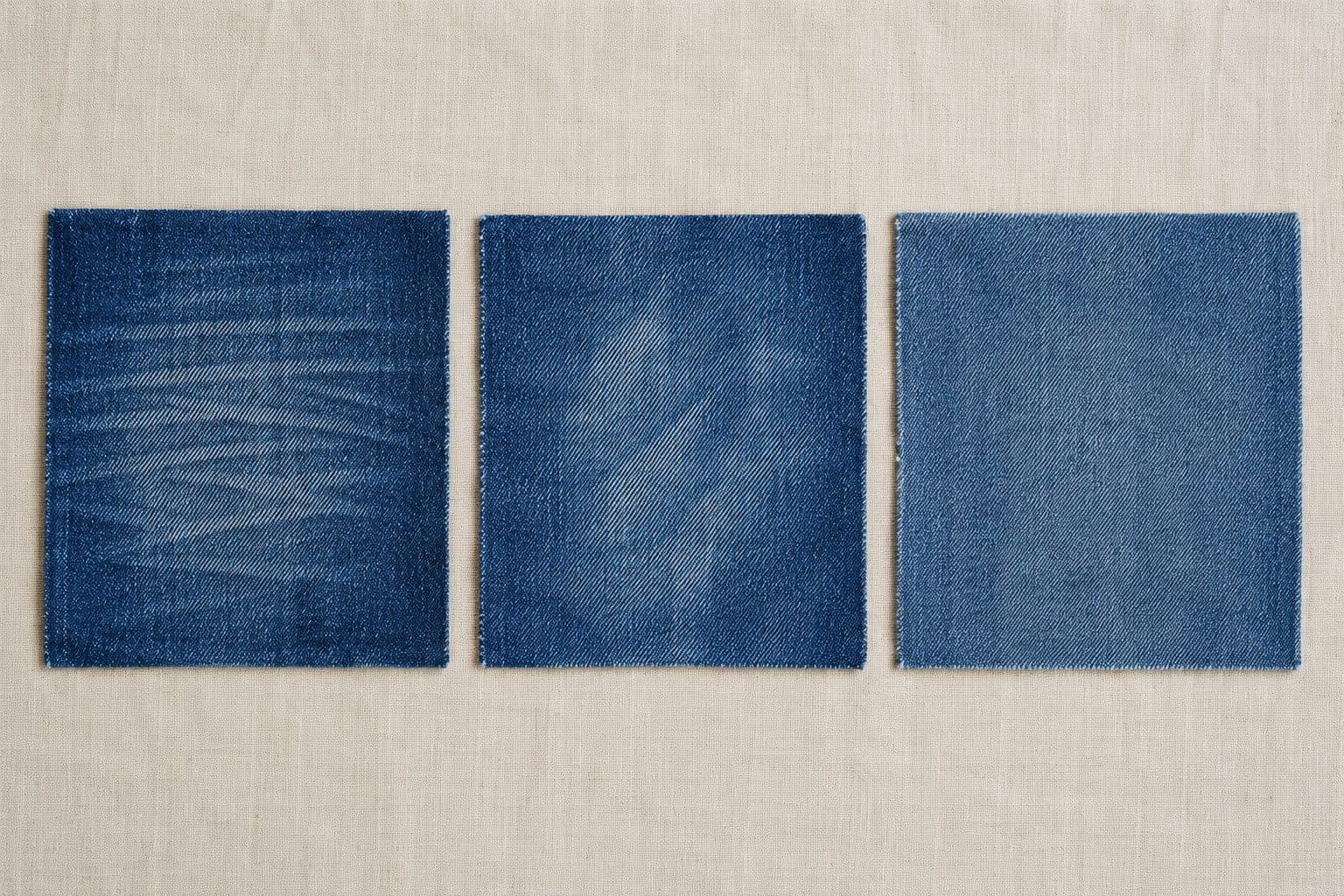 Three flat denim panels showing a machine-etched fade, a hand-rubbed fade and an enzyme-softened surface